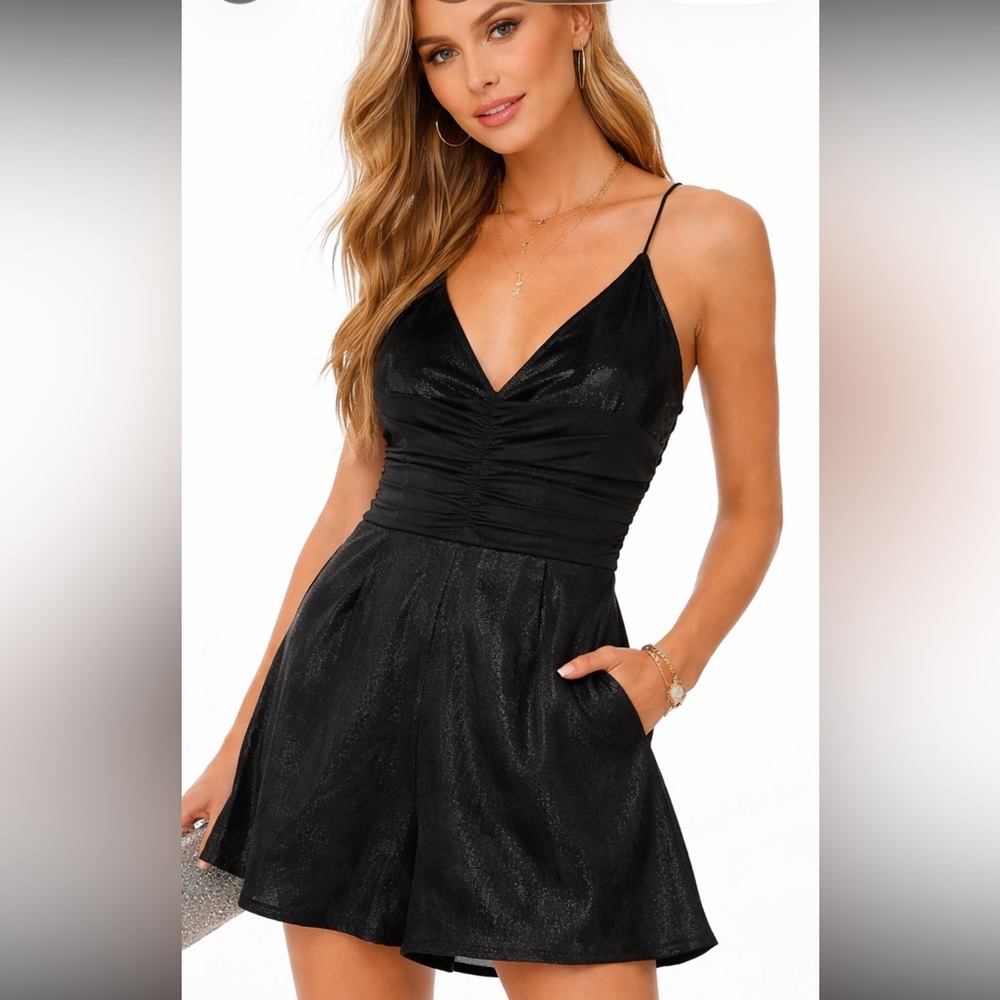 NWT Free People Black Shimmer Romper Ruched Boho Party Cocktail Size 12